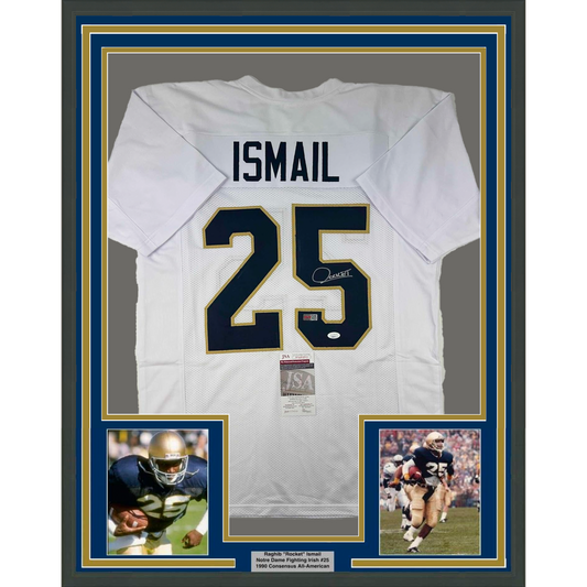 Framed Autographed/Signed Raghib Ismail Rocket 35x39 Notre Dame White College Football Jersey JSA COA