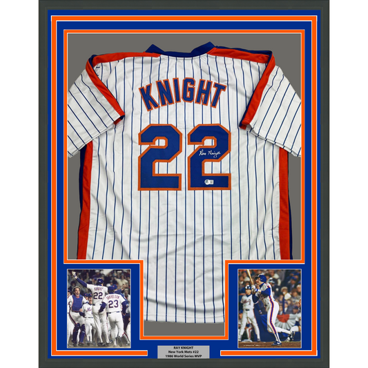 Framed Autographed/Signed Ray Knight 35x39 New York Pinstripe Baseball Jersey Beckett BAS COA