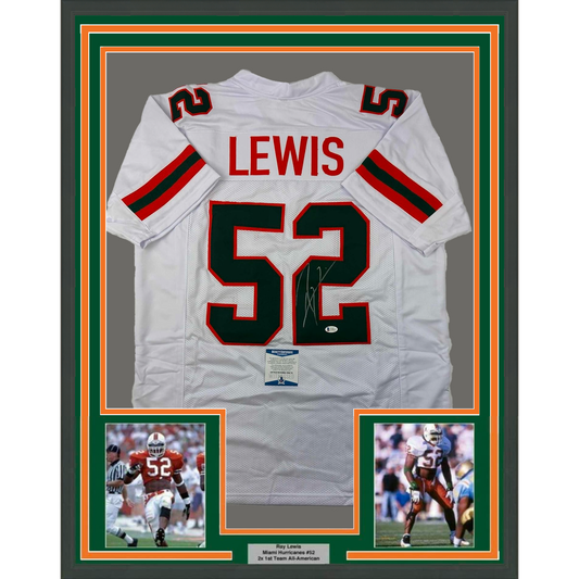 Framed Autographed/Signed Ray Lewis 35x39 Miami White College Football Jersey Beckett BAS COA