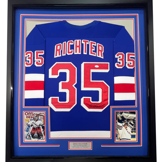 Framed Autographed/Signed Mike Richter 35x39 New York Blue Hockey Jersey PSA/DNA COA