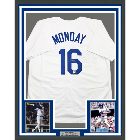 Framed Autographed/Signed Rick Monday 35x39 Los Angeles LA White Baseball Jersey Beckett BAS COA