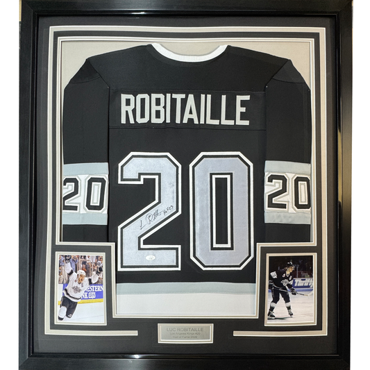 Framed Autographed/Signed Luc Robitaille HOF 09 35x39 Los Angeles LA Black Hockey Jersey JSA COA