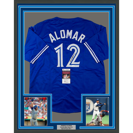 Framed Autographed/Signed Roberto Alomar 35x39 Toronto Blue Baseball Jersey JSA COA