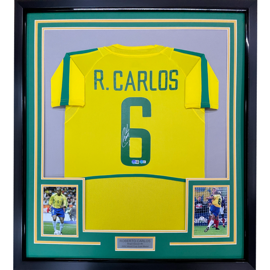 Framed Autographed/Signed Roberto Carlos 35x39 Brazil Yellow Soccer Jersey Beckett BAS COA