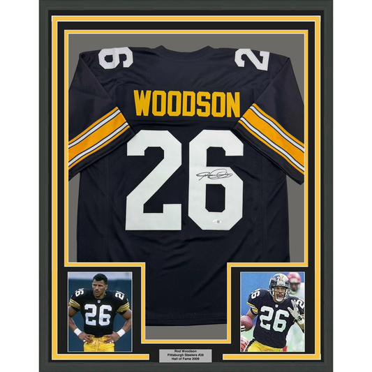 Framed Autographed/Signed Rod Woodson 35x39 Pittsburgh Black Football Jersey JSA COA