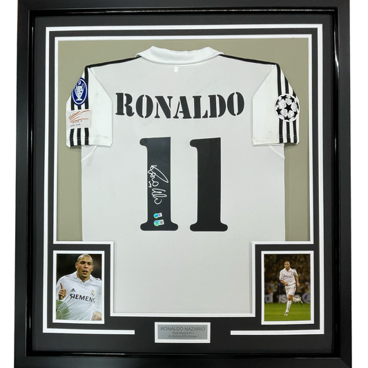 Framed Autographed/Signed Ronaldo Nazario 35x39 Real Madrid White Soccer Jersey Beckett BAS COA
