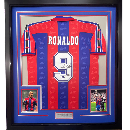 Framed Autographed/Signed Ronaldo Nazario 35x39 FC Barcelona Red/Blue Soccer Jersey Beckett BAS COA