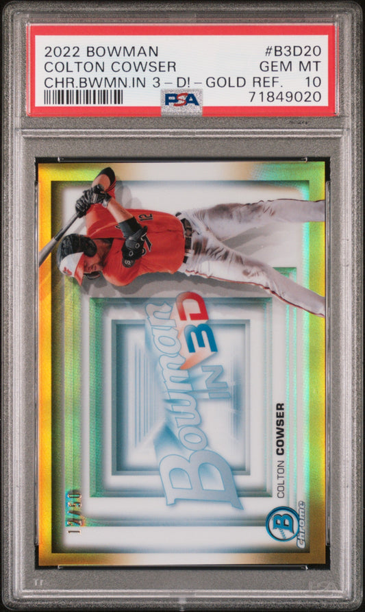 Graded 2022 Topps Bowman Colton Cowser #B3D20 Chrome Bowman In 3D Gold Refractor #/50 Rookie RC Baseball Card PSA 10 Gem Mint