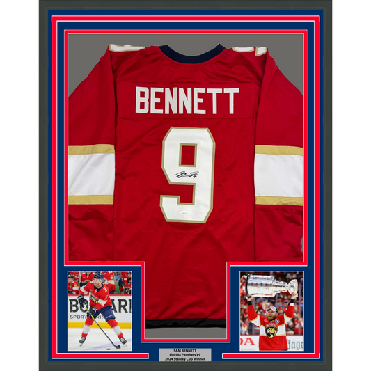 Framed Autographed/Signed Sam Bennett 35x39 Florida Red Hockey Jersey JSA COA