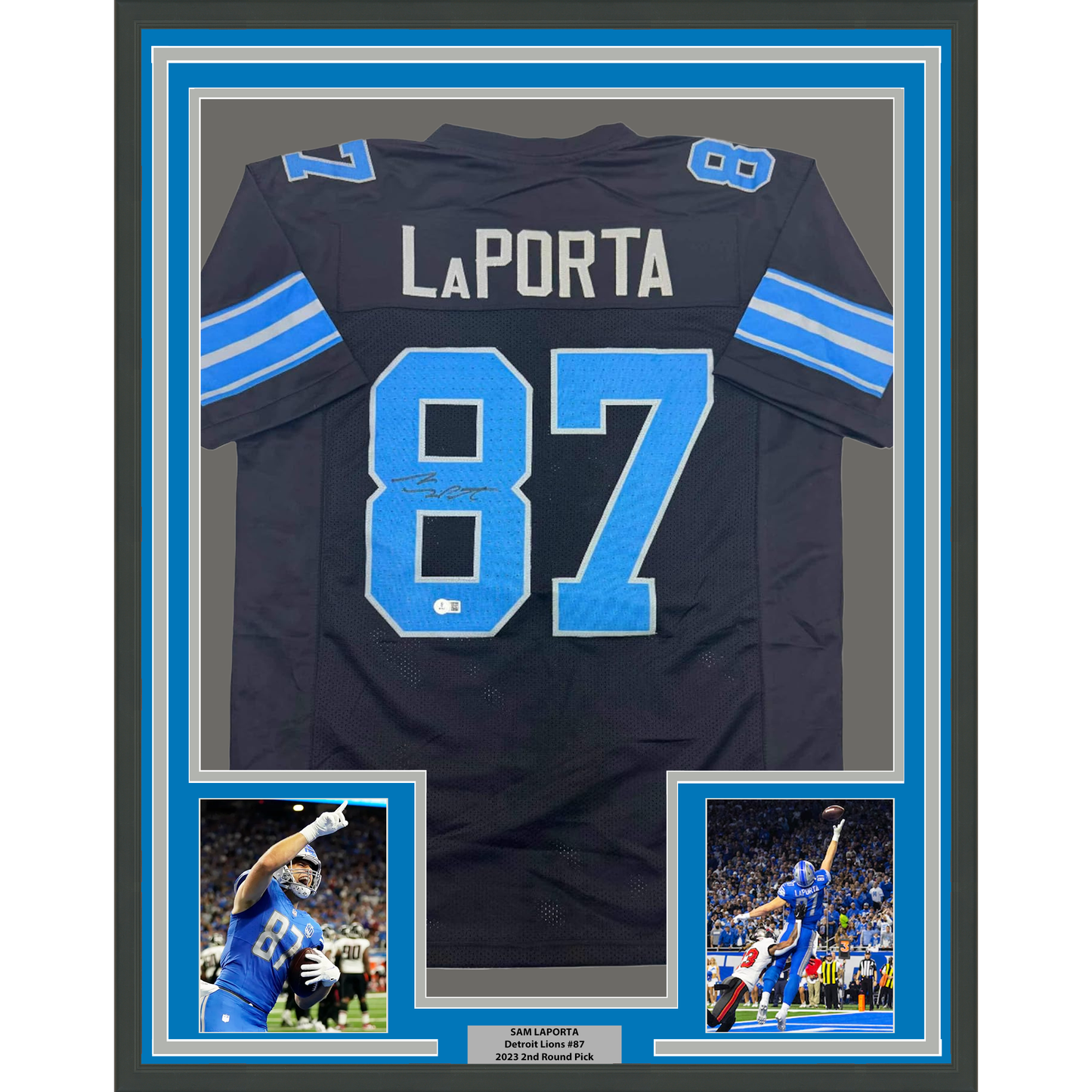 Framed Autographed/Signed Sam LaPorta 35x39 Detroit Black Football Jersey Beckett BAS COA