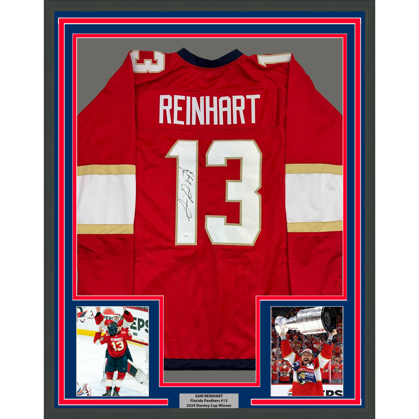 Framed Autographed/Signed Sam Reinhart 35x39 Florida Red Hockey Jersey JSA COA