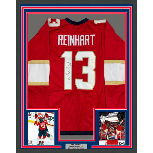 Framed Autographed/Signed Sam Reinhart 35x39 Florida Red Hockey Jersey JSA COA
