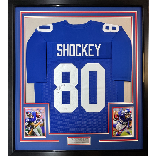 Framed Autographed/Signed Jeremy Shockey 35x39 New York Blue Football Jersey JSA COA