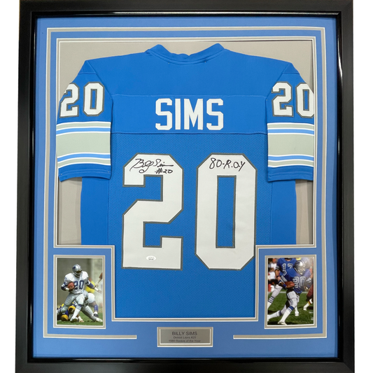 Framed Autographed/Signed Billy Sims 80 ROY 35x39 Detroit Blue Football Jersey JSA COA
