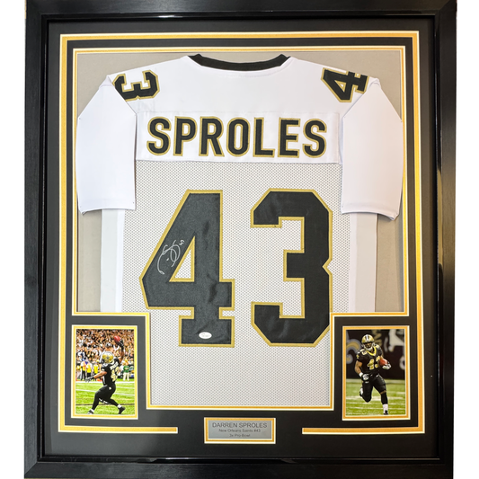Framed Autographed/Signed Darren Sproles 35x39 New Orleans White Football Jersey JSA COA