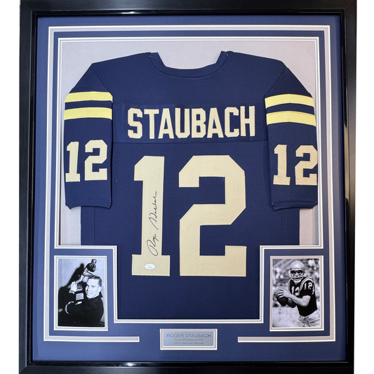 Framed Autographed/Signed Roger Staubach 35x39 Navy Midshipmen Blue College Football Jersey JSA COA