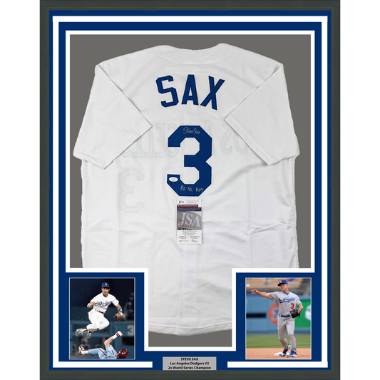 Framed Autographed/Signed Steve Sax 35x39 Los Angeles LA White Baseball Jersey JSA COA