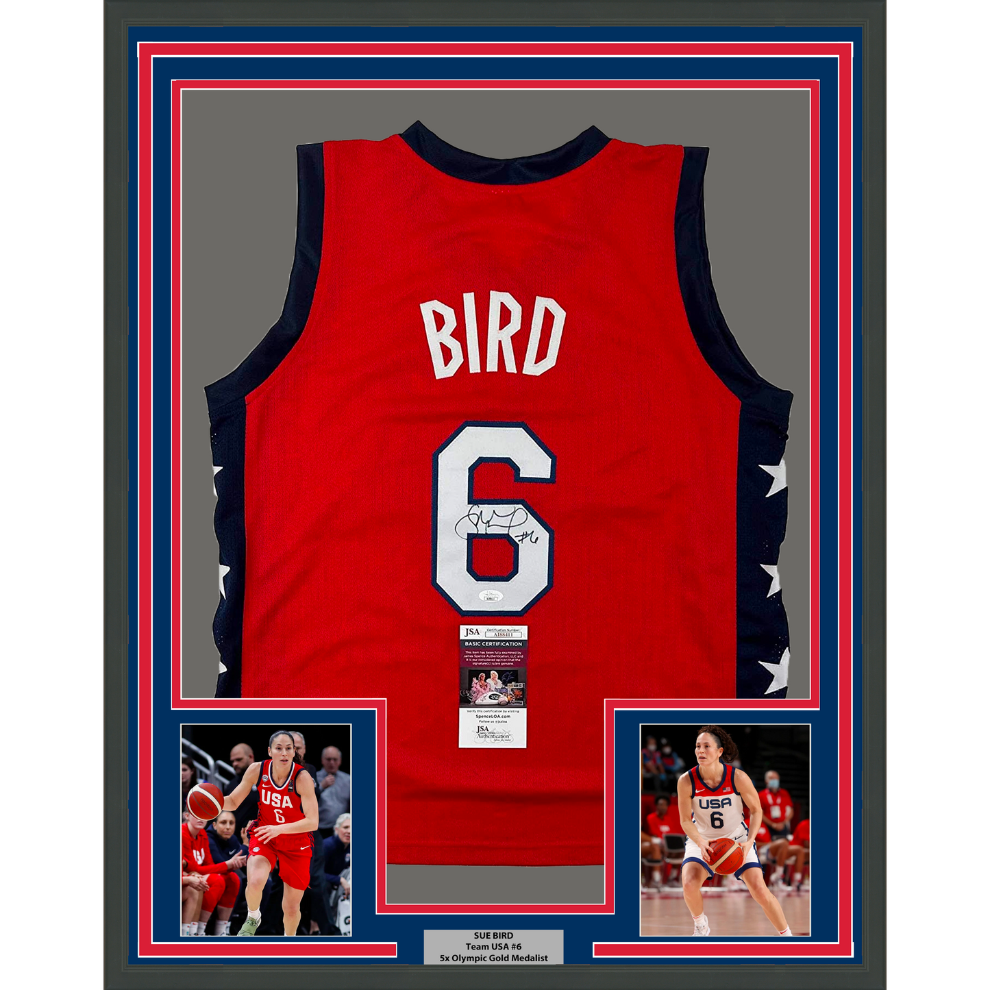 Framed Autographed/Signed Sue Bird 35x39 USA Olympics Red Basketball Jersey JSA COA