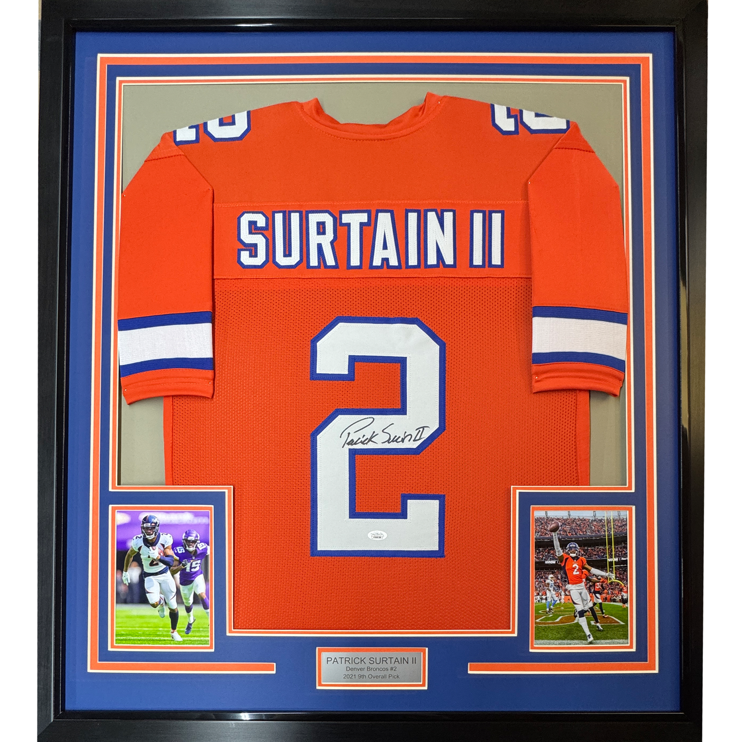 Framed Autographed/Signed Patrick Surtain II 35x39 Denver Retro Orange Football Jersey JSA COA