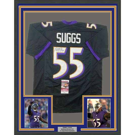Framed Autographed/Signed Terrell Suggs 35x39 Baltimore Black Football Jersey JSA COA