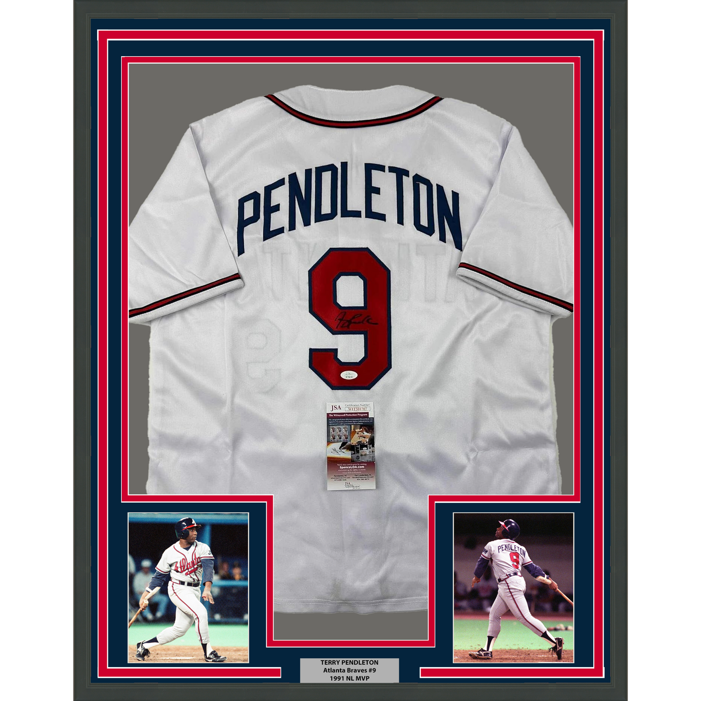 Framed Autographed/Signed Terry Pendleton 35x39 Atlanta White Baseball Jersey JSA COA