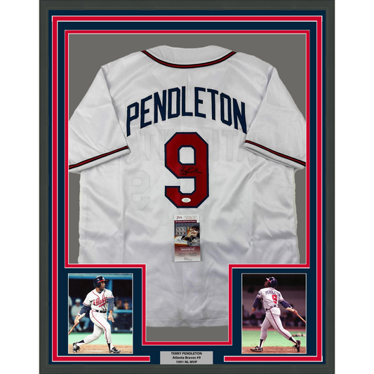 Framed Autographed/Signed Terry Pendleton 35x39 Atlanta White Baseball Jersey JSA COA