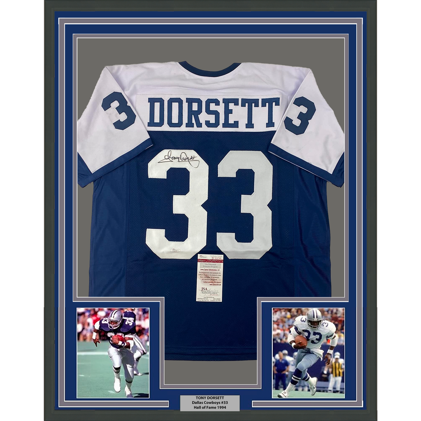 Framed Autographed/Signed Tony Dorsett 35x39 Dallas Thanksgiving Day Football Jersey JSA COA