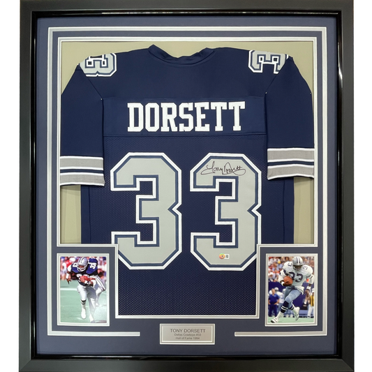 Framed Autographed/Signed Tony Dorsett 35x39 Dallas Dark Blue Football Jersey JSA COA