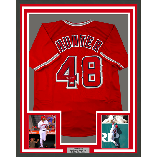 Framed Autographed/Signed Torii Hunter 35x39 Los Angeles Anaheim Red Baseball Jersey Beckett BAS COA