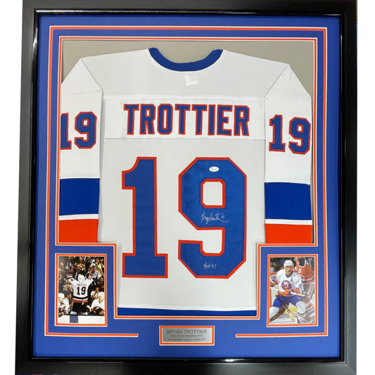 Framed Autographed/Signed Bryan Trottier HOF 97 35x39 New York White Hockey Jersey JSA COA
