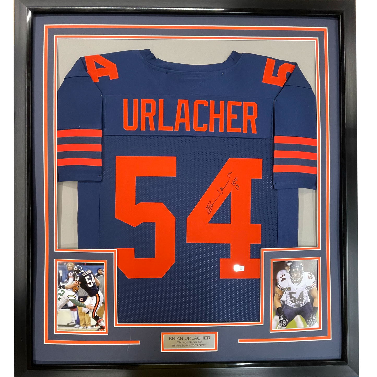 Framed Autographed/Signed Brian Urlacher 35x39 HOF 18 Chicago Blue Retro Football Jersey Beckett BAS COA