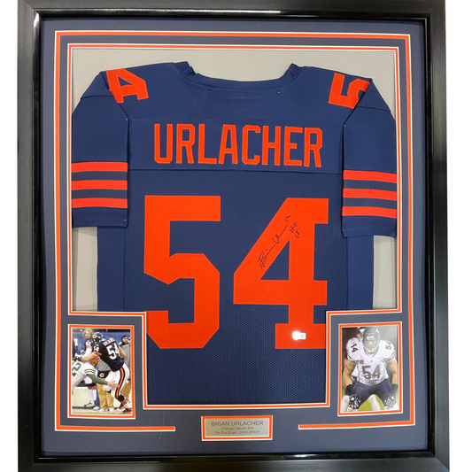 Framed Autographed/Signed Brian Urlacher 35x39 HOF 18 Chicago Blue Retro Football Jersey Beckett BAS COA