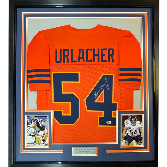 Framed Autographed/Signed Brian Urlacher 35x39 HOF 18 Chicago Orange Retro Football Jersey Beckett BAS COA