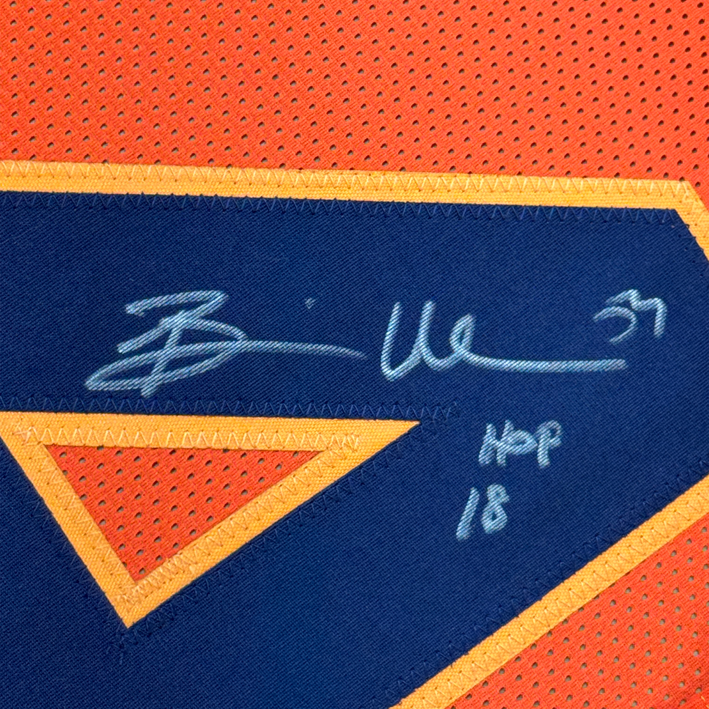 Framed Autographed/Signed Brian Urlacher 35x39 HOF 18 Chicago Orange Retro Football Jersey Beckett BAS COA