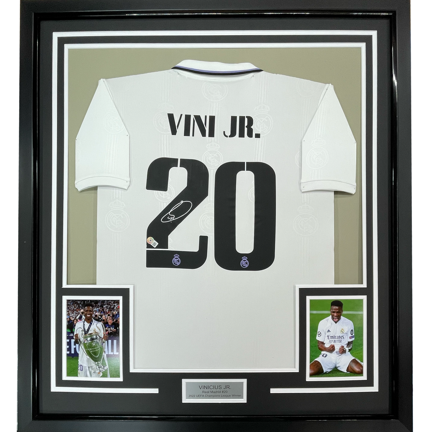 Framed Autographed/Signed Vini Vinicius Jr. 35x39 Real Madrid 2022-23 White Soccer Jersey Beckett BAS COA