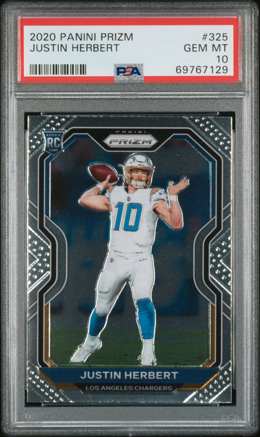 Graded 2020 Panini Prizm Justin Herbert #325 Rookie RC Football Card PSA 10 Gem Mint