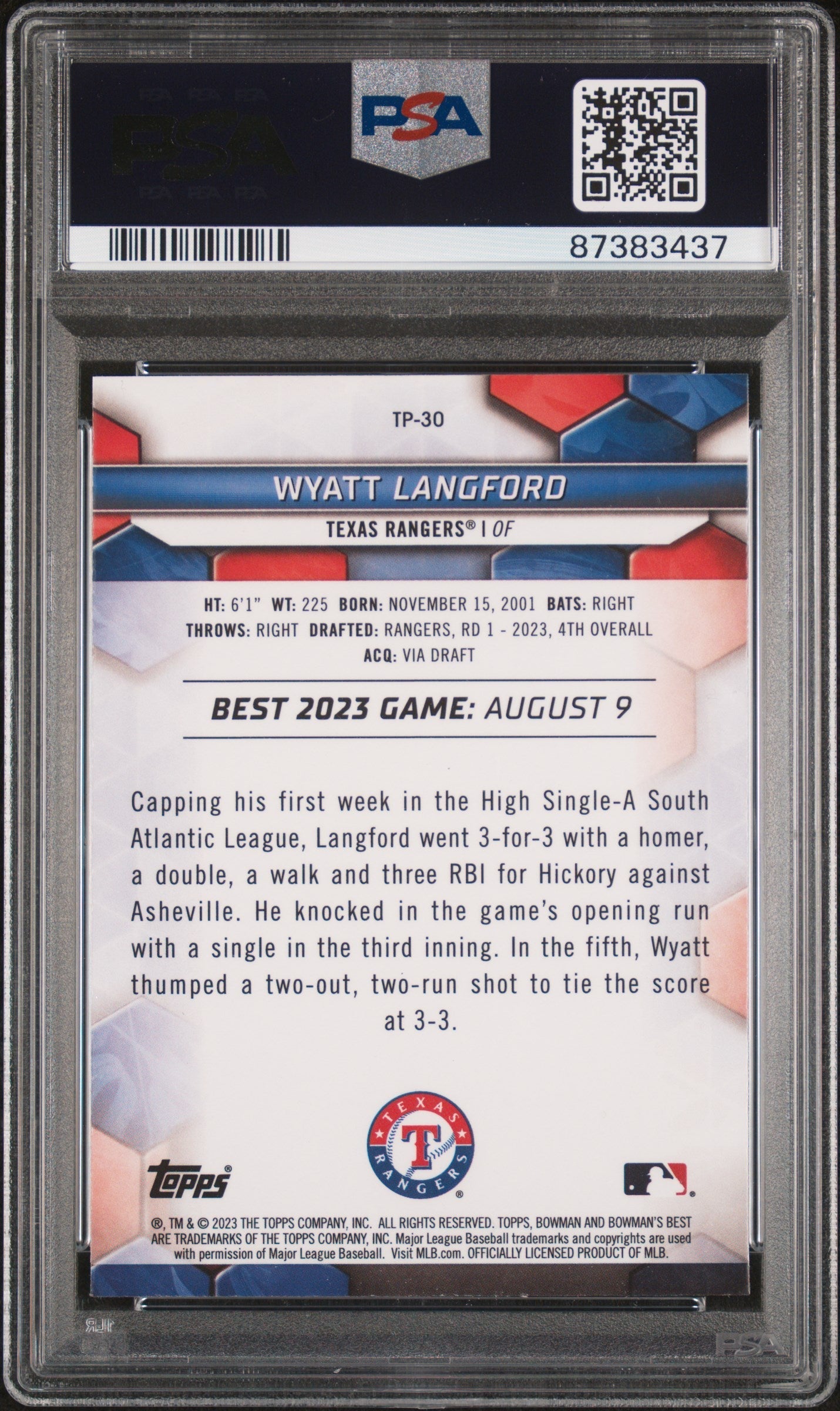 Graded 2023 Topps Bowmans Best Wyatt Langford #TP30 Top Prospects Rookie RC Baseball Card PSA 10 Gem Mint
