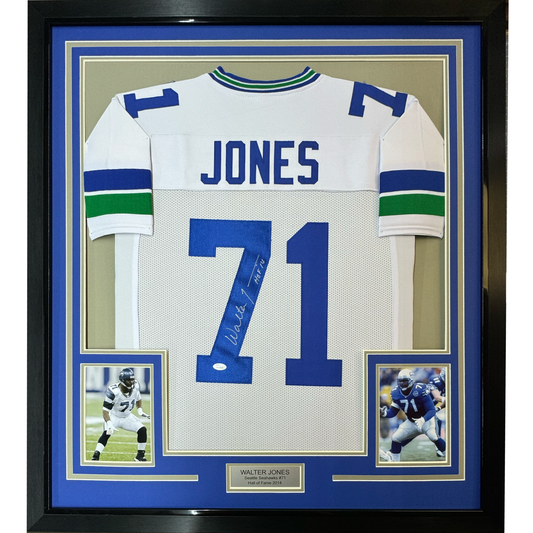 Framed Autographed/Signed Walter Jones HOF 14 35x39 Seattle White Football Jersey JSA COA
