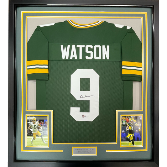 Framed Autographed/Signed Christian Watson 35x39 Green Bay Green Football Jersey Beckett BAS COA