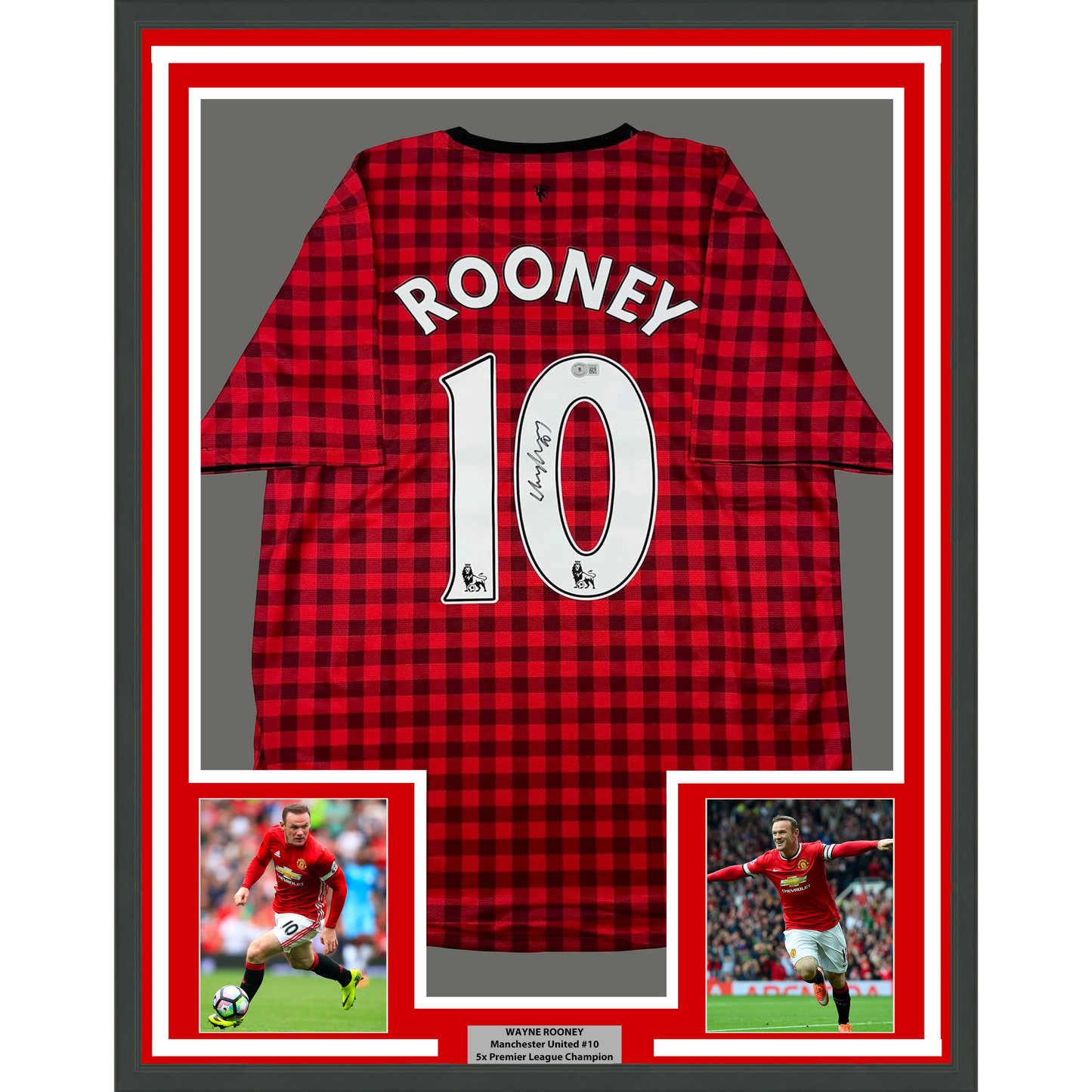Framed Autographed/Signed Wayne Rooney 35x39 Manchester United Red Checkered Soccer Jersey Beckett BAS COA