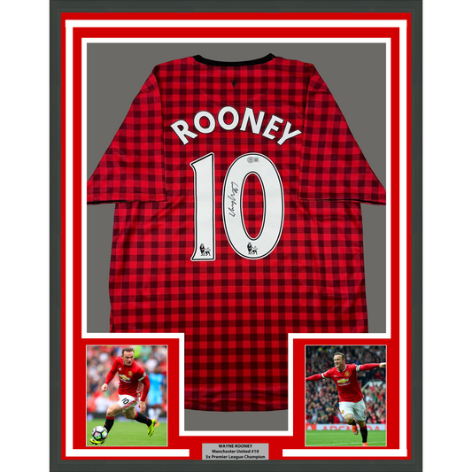 Framed Autographed/Signed Wayne Rooney 35x39 Manchester United Red Checkered Soccer Jersey Beckett BAS COA
