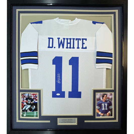 Framed Autographed/Signed Danny White 35x39 Dallas White Football Jersey JSA COA