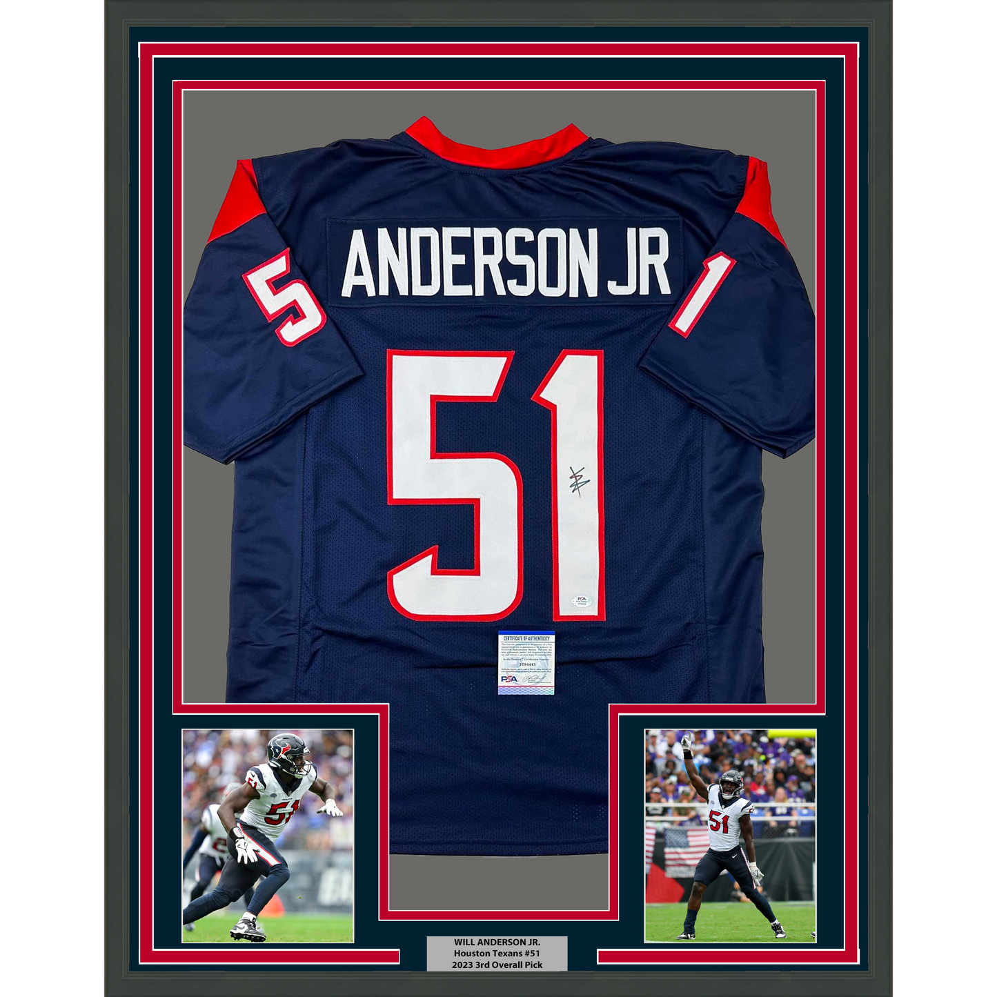 Framed Autographed/Signed Will Anderson Jr. 35x39 Houston Blue Football Jersey PSA/DNA COA