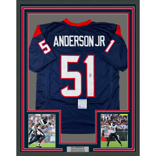 Framed Autographed/Signed Will Anderson Jr. 35x39 Houston Blue Football Jersey PSA/DNA COA
