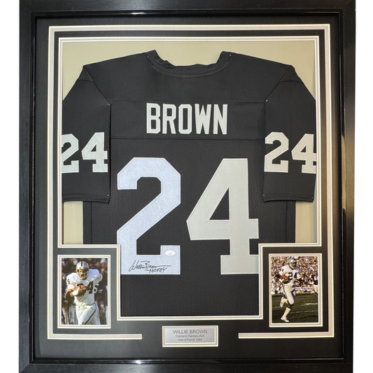 Framed Autographed/Signed Willie Brown 35x39 HOF 84  Las Vegas Oakland Black Football Jersey JSA COA