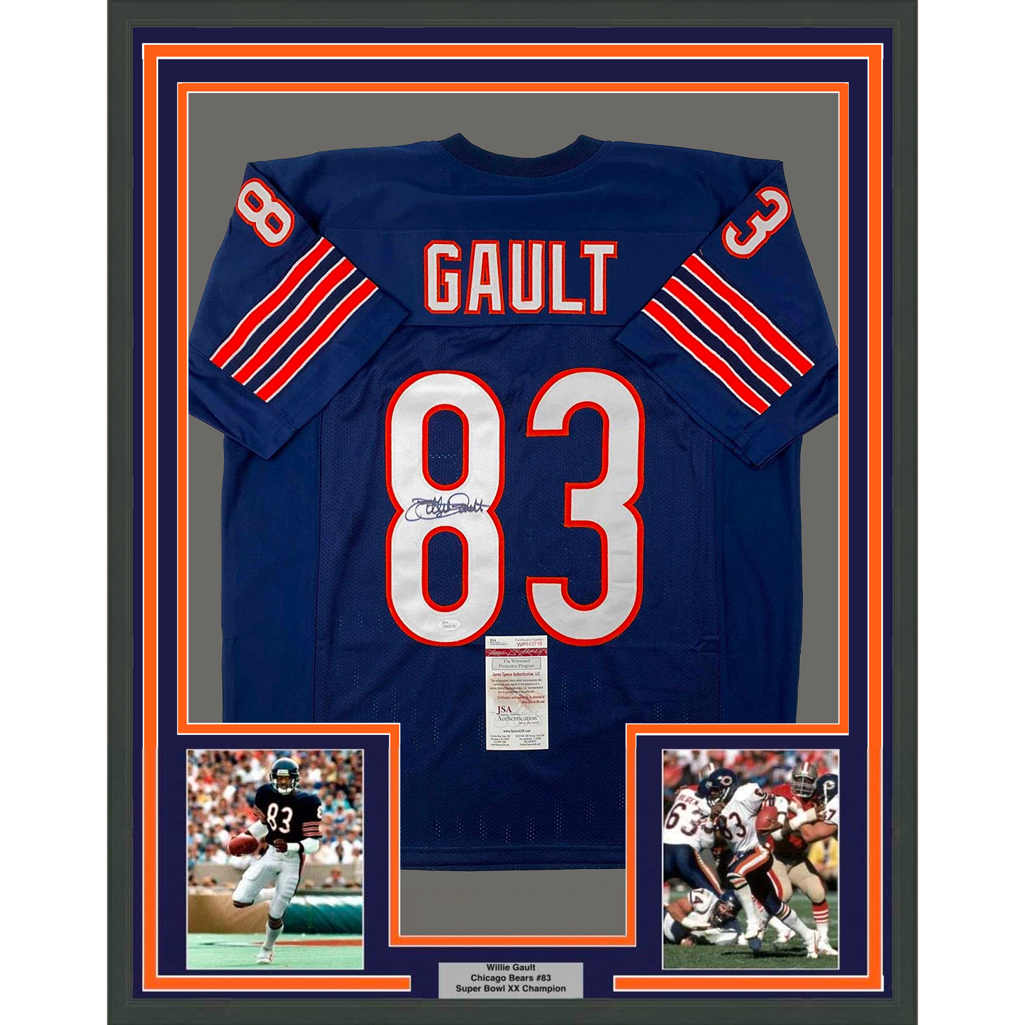 Framed Autographed/Signed Willie Gault 35x39 Chicago Blue Football Jersey JSA COA