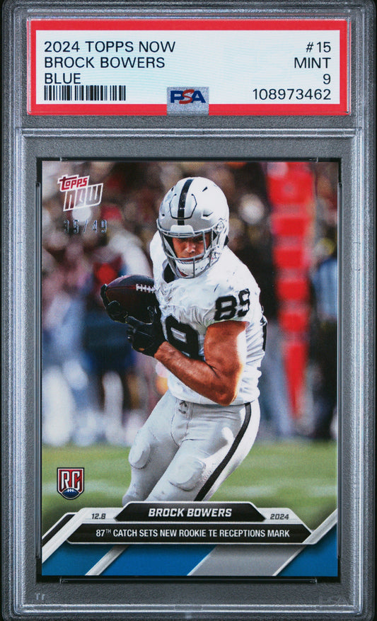 Graded 2024 Topps Now Brock Bowers #15 Blue /49 Rookie RC Football Card PSA 9 Mint