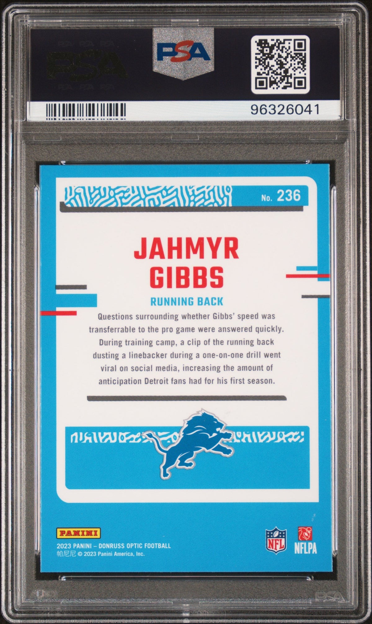 Graded 2023 Panini Donruss Optic Jahmyr Gibbs #236 Rookie RC Football Card PSA 10 Gem Mint