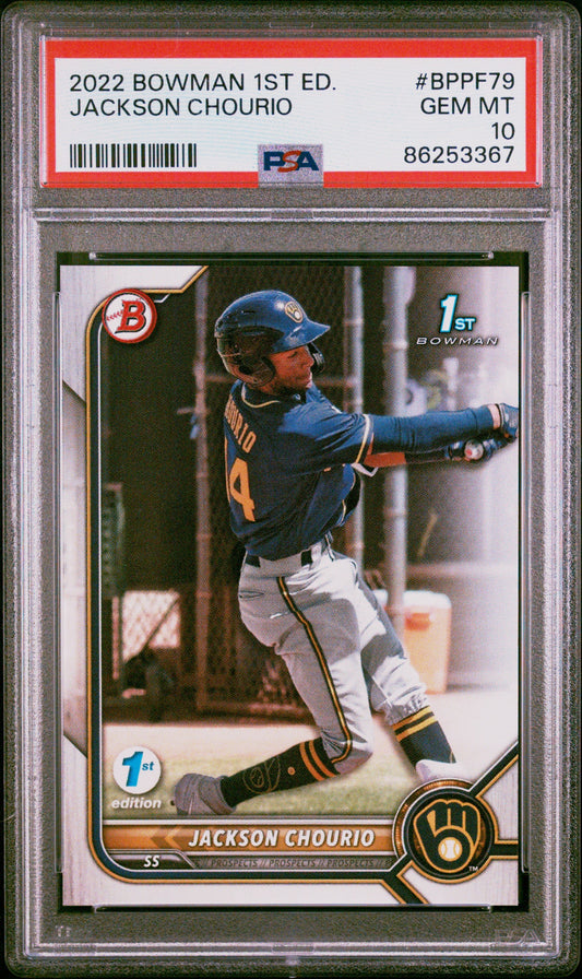 Graded 2022 Topps Bowman 1st Edition Jackson Chourio #BPPF79 Rookie RC Baseball Card PSA 10 Gem Mint
