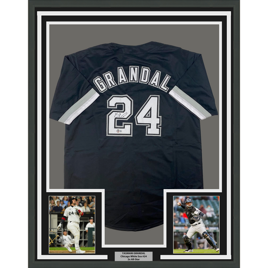 Framed Autographed/Signed Yasmani Grandal 35x39 Chicago Black Baseball Jersey Beckett BAS COA